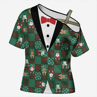 Christmas Patchwork Fake Tuxedo Cross Shoulder Shirt Santa and Reindeer Green Plaid Style - Wonder Print Shop