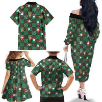 Christmas Patchwork Fake Tuxedo Family Matching Off The Shoulder Long Sleeve Dress and Hawaiian Shirt Santa and Reindeer Green Plaid Style - Wonder Print Shop