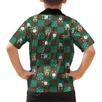 Christmas Patchwork Fake Tuxedo Family Matching Off Shoulder Short Dress and Hawaiian Shirt Santa and Reindeer Green Plaid Style - Wonder Print Shop