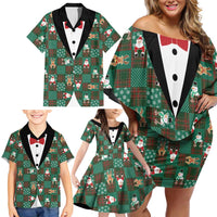 Christmas Patchwork Fake Tuxedo Family Matching Off Shoulder Short Dress and Hawaiian Shirt Santa and Reindeer Green Plaid Style - Wonder Print Shop