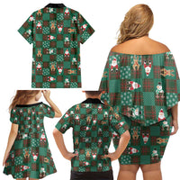 Christmas Patchwork Fake Tuxedo Family Matching Off Shoulder Short Dress and Hawaiian Shirt Santa and Reindeer Green Plaid Style - Wonder Print Shop