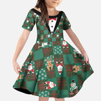 Christmas Patchwork Fake Tuxedo Family Matching Puletasi and Hawaiian Shirt Santa and Reindeer Green Plaid Style - Wonder Print Shop