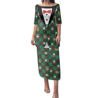Christmas Patchwork Fake Tuxedo Family Matching Puletasi and Hawaiian Shirt Santa and Reindeer Green Plaid Style - Wonder Print Shop