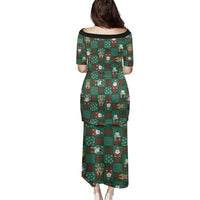 Christmas Patchwork Fake Tuxedo Family Matching Puletasi and Hawaiian Shirt Santa and Reindeer Green Plaid Style - Wonder Print Shop