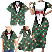 Christmas Patchwork Fake Tuxedo Family Matching Short Sleeve Bodycon Dress and Hawaiian Shirt Santa and Reindeer Green Plaid Style - Wonder Print Shop