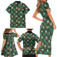 Christmas Patchwork Fake Tuxedo Family Matching Short Sleeve Bodycon Dress and Hawaiian Shirt Santa and Reindeer Green Plaid Style - Wonder Print Shop