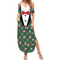 Christmas Patchwork Fake Tuxedo Family Matching Summer Maxi Dress and Hawaiian Shirt Santa and Reindeer Green Plaid Style - Wonder Print Shop