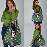 Christmas Patchwork Fake Tuxedo Grocery Bag Santa and Reindeer Green Plaid Style - Wonder Print Shop