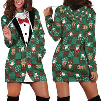 Christmas Patchwork Fake Tuxedo Hoodie Dress Santa and Reindeer Green Plaid Style - Wonder Print Shop