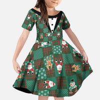 Christmas Patchwork Fake Tuxedo Kid Short Sleeve Dress Santa and Reindeer Green Plaid Style - Wonder Print Shop