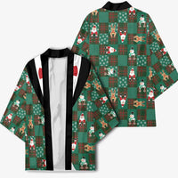 Christmas Patchwork Fake Tuxedo Kimono Santa and Reindeer Green Plaid Style - Wonder Print Shop