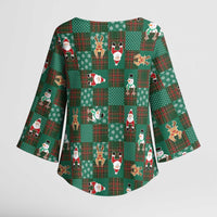 Christmas Patchwork Fake Tuxedo Kimono Sleeve Blouse Santa and Reindeer Green Plaid Style - Wonder Print Shop
