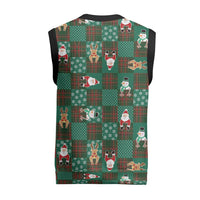 Christmas Patchwork Fake Tuxedo Christmas Knitted V-Neck Vest Santa and Reindeer Green Plaid Style - Wonder Print Shop