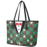 Christmas Patchwork Fake Tuxedo Leather Tote Bag Santa and Reindeer Green Plaid Style - Wonder Print Shop