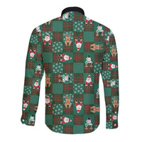 Christmas Patchwork Fake Tuxedo Long Sleeve Button Shirt Santa and Reindeer Green Plaid Style - Wonder Print Shop