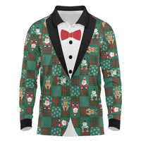 Christmas Patchwork Fake Tuxedo Long Sleeve Polo Shirt Santa and Reindeer Green Plaid Style - Wonder Print Shop