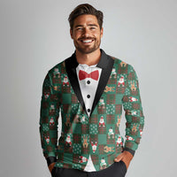 Christmas Patchwork Fake Tuxedo Long Sleeve Polo Shirt Santa and Reindeer Green Plaid Style - Wonder Print Shop