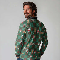 Christmas Patchwork Fake Tuxedo Long Sleeve Polo Shirt Santa and Reindeer Green Plaid Style - Wonder Print Shop