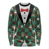 Christmas Patchwork Fake Tuxedo Long Sleeve Shirt Santa and Reindeer Green Plaid Style - Wonder Print Shop