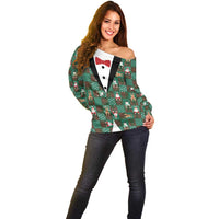 Christmas Patchwork Fake Tuxedo Off Shoulder Sweater Santa and Reindeer Green Plaid Style - Wonder Print Shop