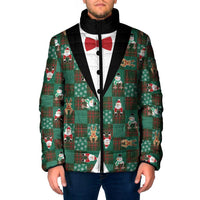 Christmas Patchwork Fake Tuxedo Padded Jacket Santa and Reindeer Green Plaid Style - Wonder Print Shop