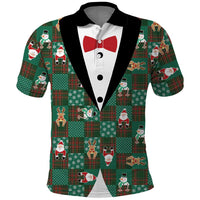 Christmas Patchwork Fake Tuxedo Polo Shirt Santa and Reindeer Green Plaid Style - Wonder Print Shop