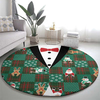 Christmas Patchwork Fake Tuxedo Round Carpet Santa and Reindeer Green Plaid Style - Wonder Print Shop