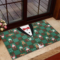 Christmas Patchwork Fake Tuxedo Rubber Doormat Santa and Reindeer Green Plaid Style - Wonder Print Shop