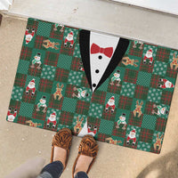 Christmas Patchwork Fake Tuxedo Rubber Doormat Santa and Reindeer Green Plaid Style - Wonder Print Shop
