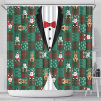Christmas Patchwork Fake Tuxedo Shower Curtain Santa and Reindeer Green Plaid Style - Wonder Print Shop