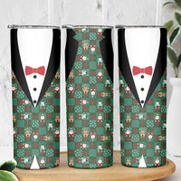 Christmas Patchwork Fake Tuxedo Skinny Tumbler Santa and Reindeer Green Plaid Style - Wonder Print Shop