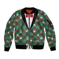 Christmas Patchwork Fake Tuxedo Sleeve Zip Bomber Jacket Santa and Reindeer Green Plaid Style - Wonder Print Shop