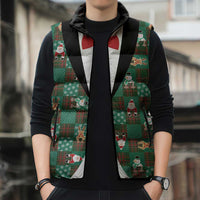 Christmas Patchwork Fake Tuxedo Sleeveless Puffer Jacket Santa and Reindeer Green Plaid Style - Wonder Print Shop