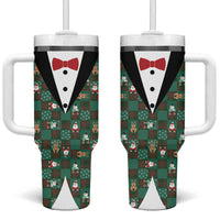 Christmas Patchwork Fake Tuxedo Tumbler With Handle Santa and Reindeer Green Plaid Style - Wonder Print Shop
