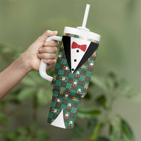 Christmas Patchwork Fake Tuxedo Tumbler With Handle Santa and Reindeer Green Plaid Style - Wonder Print Shop