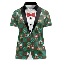 Christmas Patchwork Fake Tuxedo Women Polo Shirt Santa and Reindeer Green Plaid Style - Wonder Print Shop