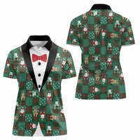 Christmas Patchwork Fake Tuxedo Women Polo Shirt Santa and Reindeer Green Plaid Style - Wonder Print Shop