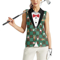 Christmas Patchwork Fake Tuxedo Women Sleeveless Polo Shirt Santa and Reindeer Green Plaid Style - Wonder Print Shop