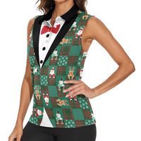 Christmas Patchwork Fake Tuxedo Women Sleeveless Polo Shirt Santa and Reindeer Green Plaid Style - Wonder Print Shop