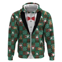Christmas Patchwork Fake Tuxedo Zip Hoodie Santa and Reindeer Green Plaid Style - Wonder Print Shop