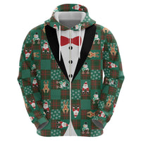 Christmas Patchwork Fake Tuxedo Zip Hoodie Santa and Reindeer Green Plaid Style - Wonder Print Shop