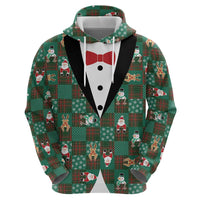 Christmas Patchwork Fake Tuxedo Zip Hoodie Santa and Reindeer Green Plaid Style - Wonder Print Shop