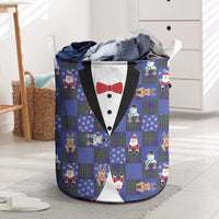 Christmas Patchwork Fake Tuxedo Laundry Basket Santa and Reindeer Blue Plaid Style - Wonder Print Shop