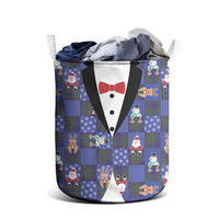 Christmas Patchwork Fake Tuxedo Laundry Basket Santa and Reindeer Blue Plaid Style - Wonder Print Shop