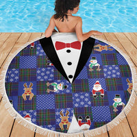Christmas Patchwork Fake Tuxedo Beach Blanket Santa and Reindeer Blue Plaid Style - Wonder Print Shop