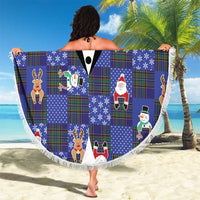 Christmas Patchwork Fake Tuxedo Beach Blanket Santa and Reindeer Blue Plaid Style - Wonder Print Shop
