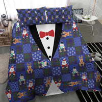 Christmas Patchwork Fake Tuxedo Bedding Set Santa and Reindeer Blue Plaid Style - Wonder Print Shop