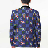 Christmas Patchwork Fake Tuxedo Blazer Santa and Reindeer Blue Plaid Style - Wonder Print Shop