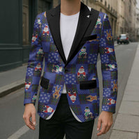 Christmas Patchwork Fake Tuxedo Blazer Santa and Reindeer Blue Plaid Style - Wonder Print Shop