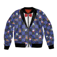 Christmas Patchwork Fake Tuxedo Bomber Jacket Santa and Reindeer Blue Plaid Style - Wonder Print Shop